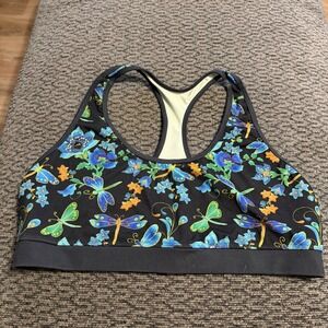 GreaterGood Sports Bra Womens XL Black Dragonfly Floral Print Racerback Stretch